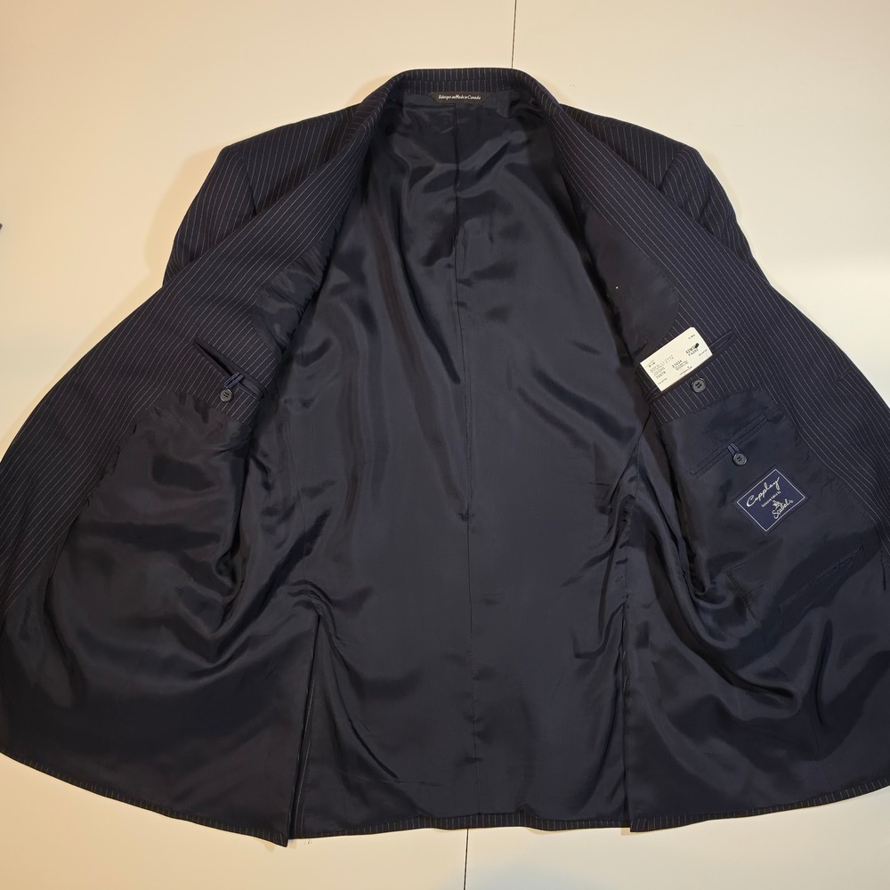 Coppley Mens Navy Pinstripe Wool Suit Scabal Fabric 42S 2 Button Made in Canada - Picture 5 of 14
